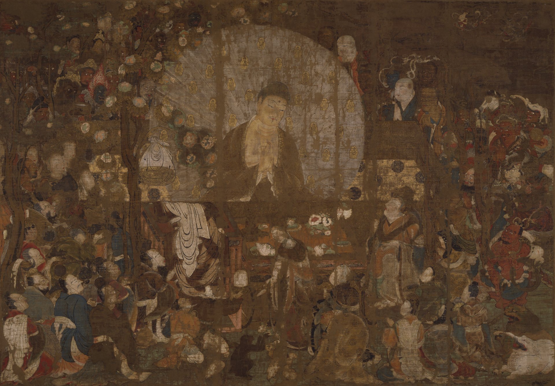 Shakyamuni rising from a golden coffin, surrounded by mourning disciples and bodhisattvas