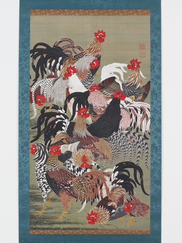 A hanging scroll crowded with brightly colored roosters